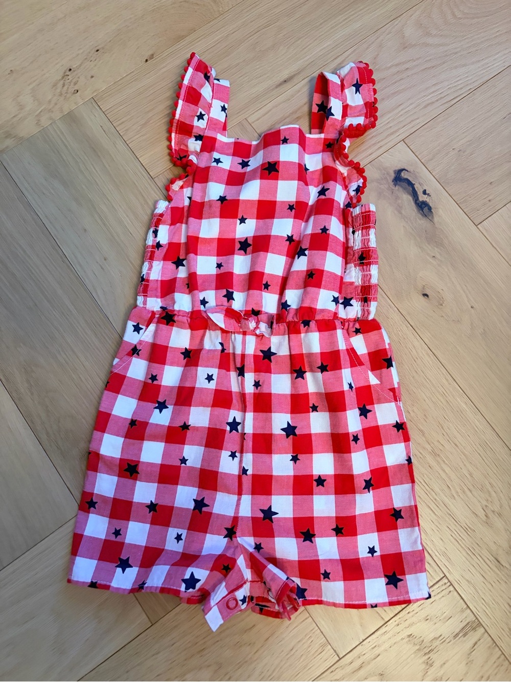 Cat & Jack Red and White Gingham Romper with Navy Stars